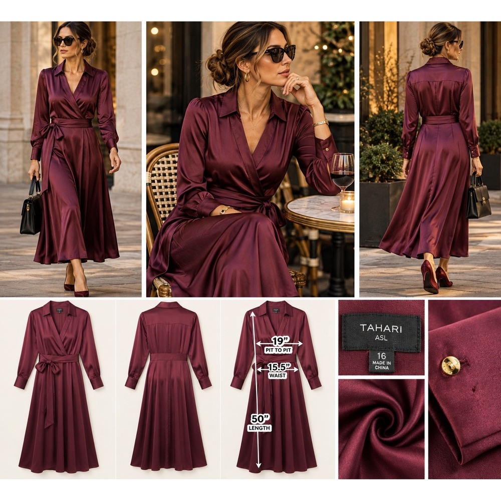 Tahari Womens Size 16 Burgundy Satin Wrap Midi Dress Quiet Luxury Wedding Guest
